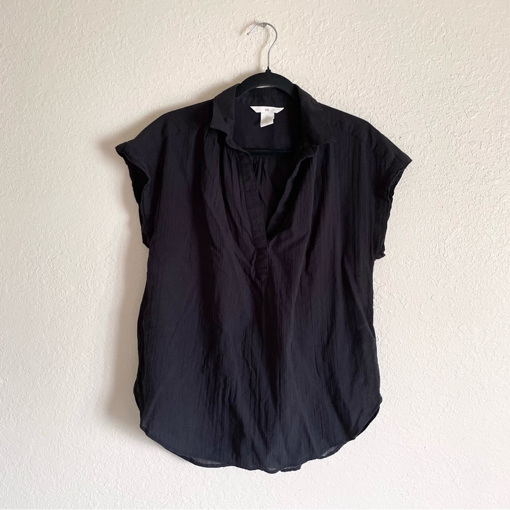 H&M Black Cotton Sheer Collared Blouse